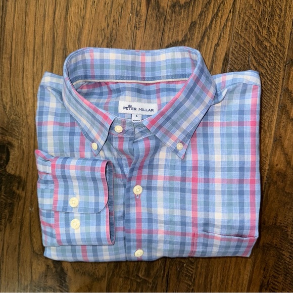 Peter Millar Crown Sport Shirt Acadia Falls Plaid Pink Blue - Picture 5 of 6